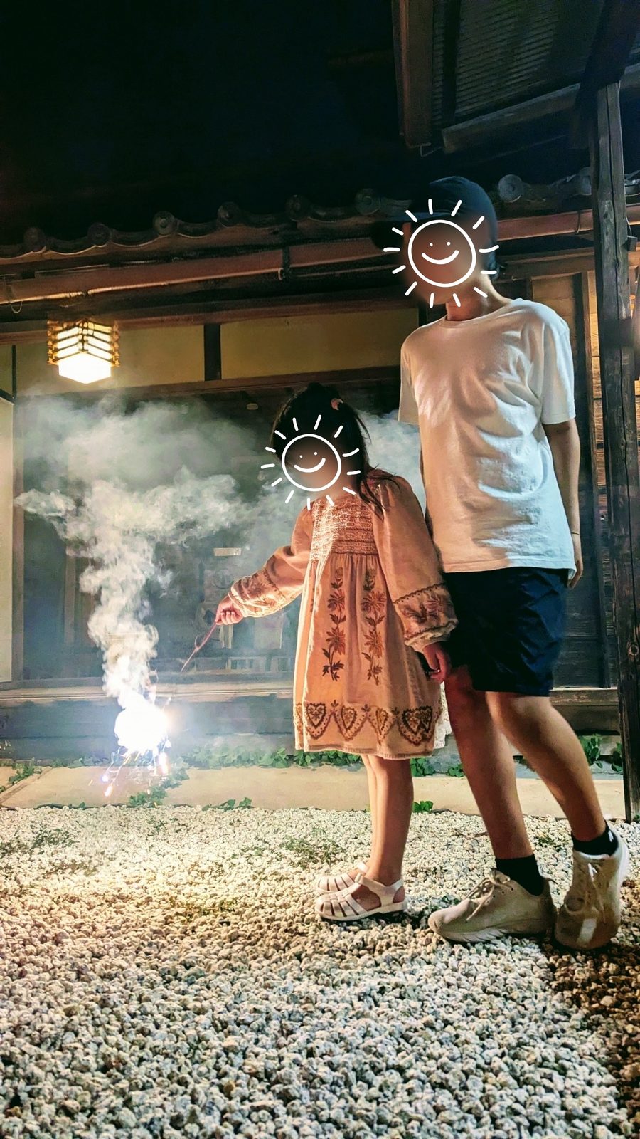 元の写真:旅行の夜、宿の庭で手持ち花火をする2人(顔はスタンプで隠しています)