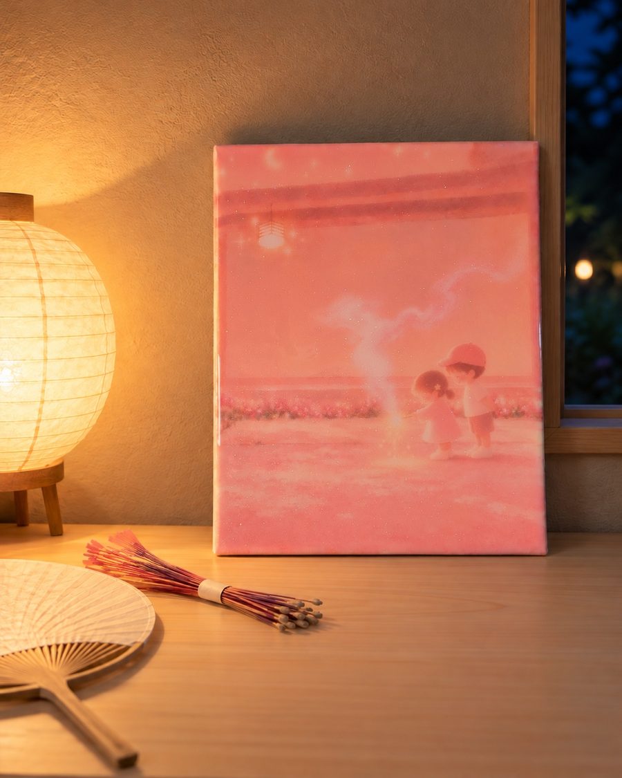 和紙の明かりの部屋に飾った、手持ち花火をする2人の絵