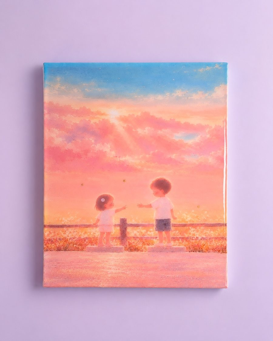 仕上がった作品:ラベンダーの背景に置いた、じゃんけんの絵