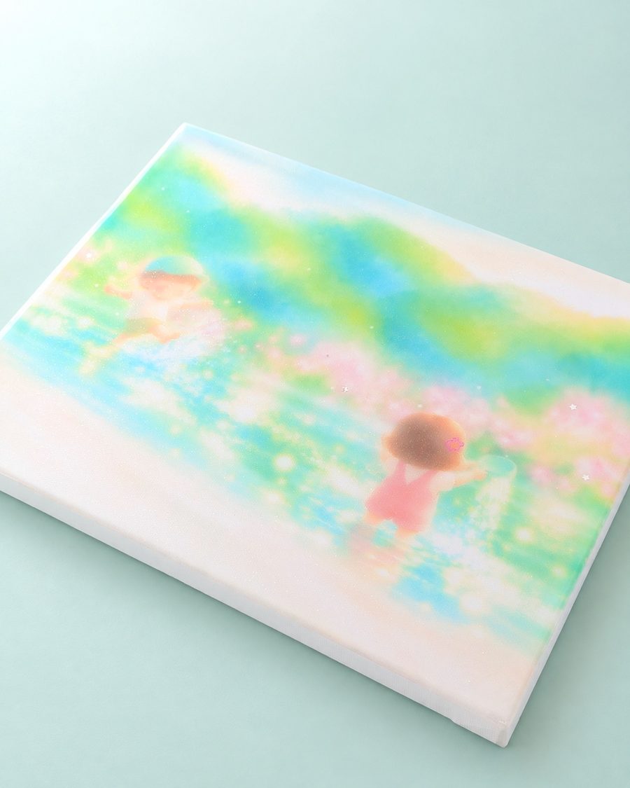 仕上がった作品:ミントの背景に置いた、水遊びの絵